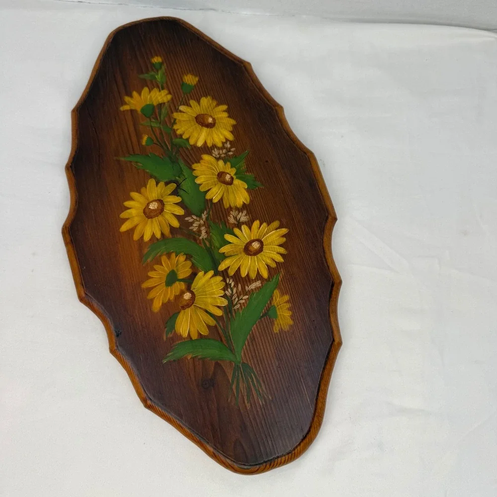 Vintage 1975 Hand Painted Yellow Daisy Floral Wood Plaque Wall Art Folk Art 16in